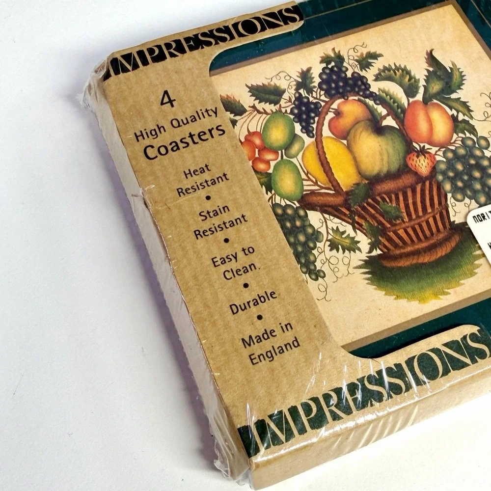 VTG 1990's Impressions Harvest Basket Coaster Set Hardboard Fall Cottagecore NOS